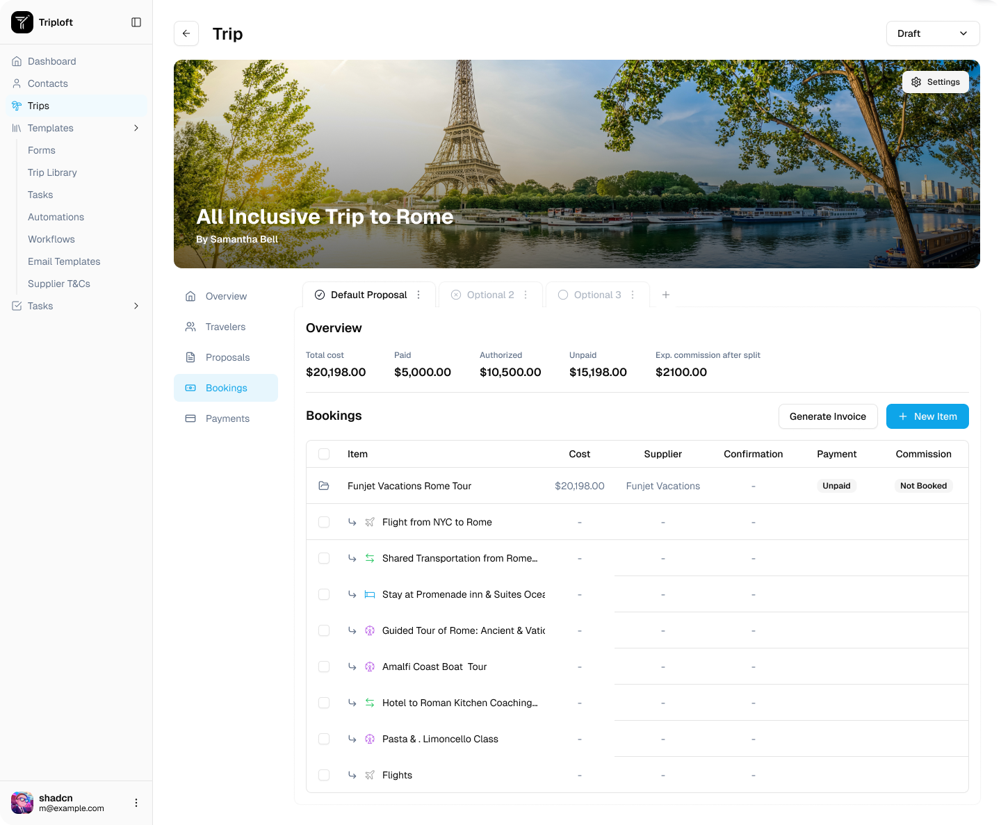 An all-inclusive trip proposal with bookings in TripLoft