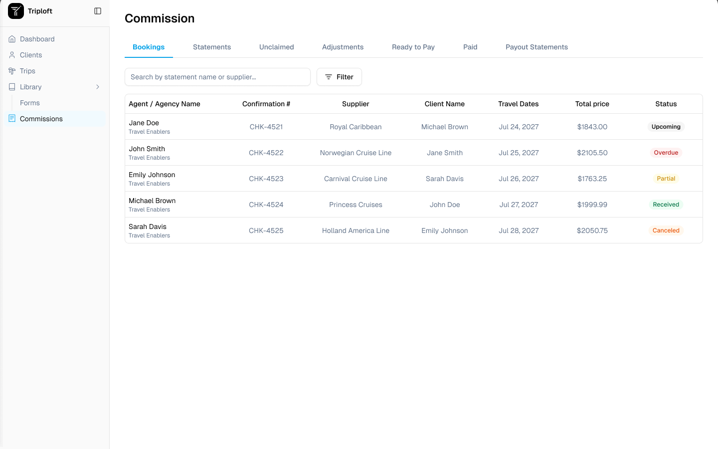 Commission bookings list in TripLoft, with supplier and status