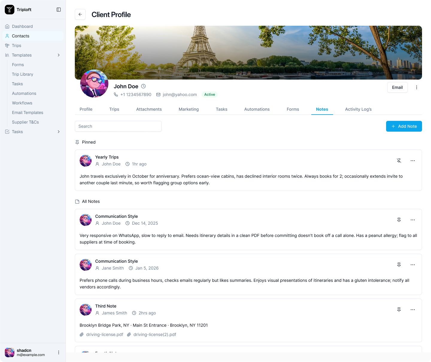 A client profile with notes and activity timeline in TripLoft