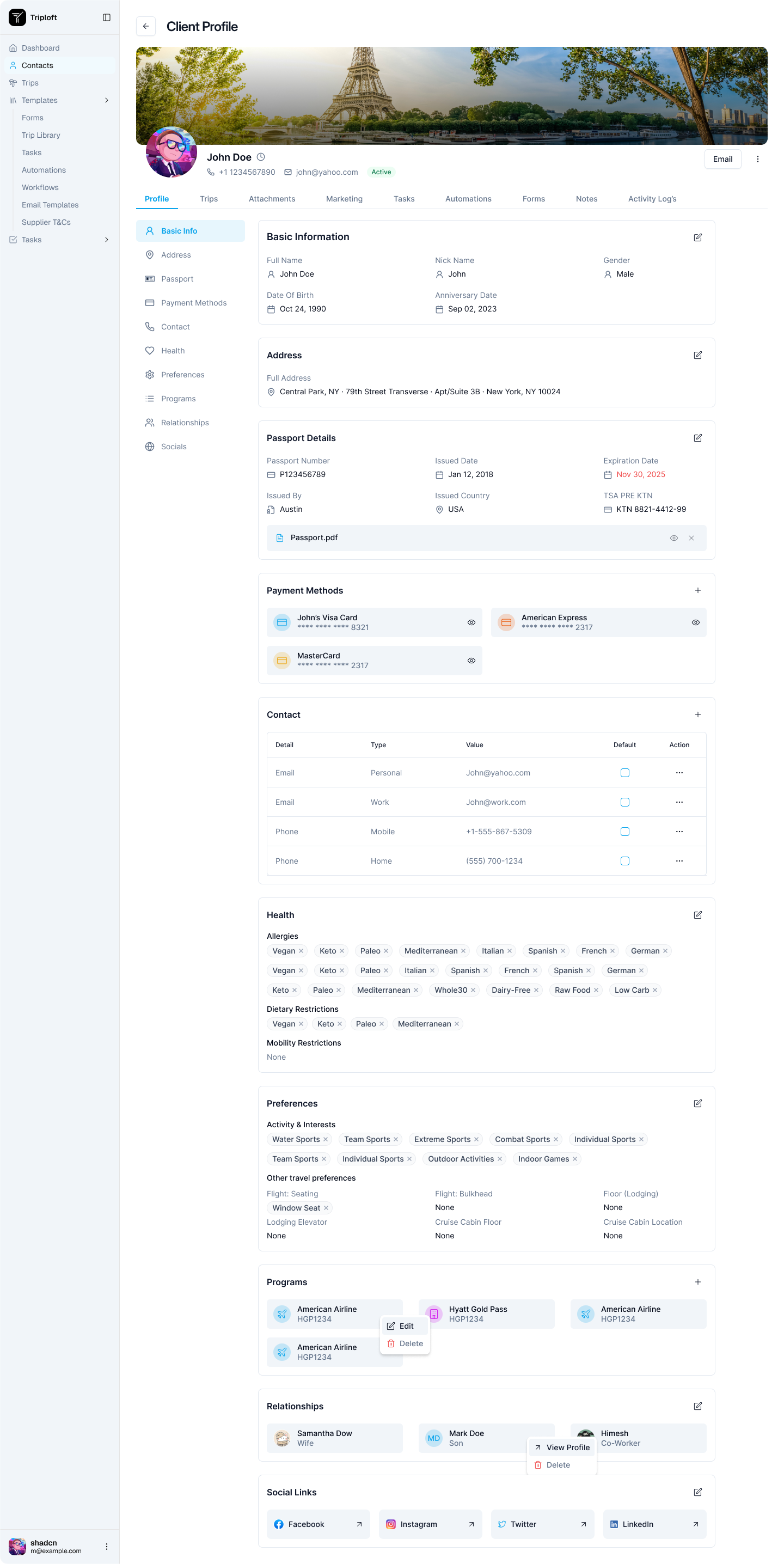 A complete TripLoft client profile