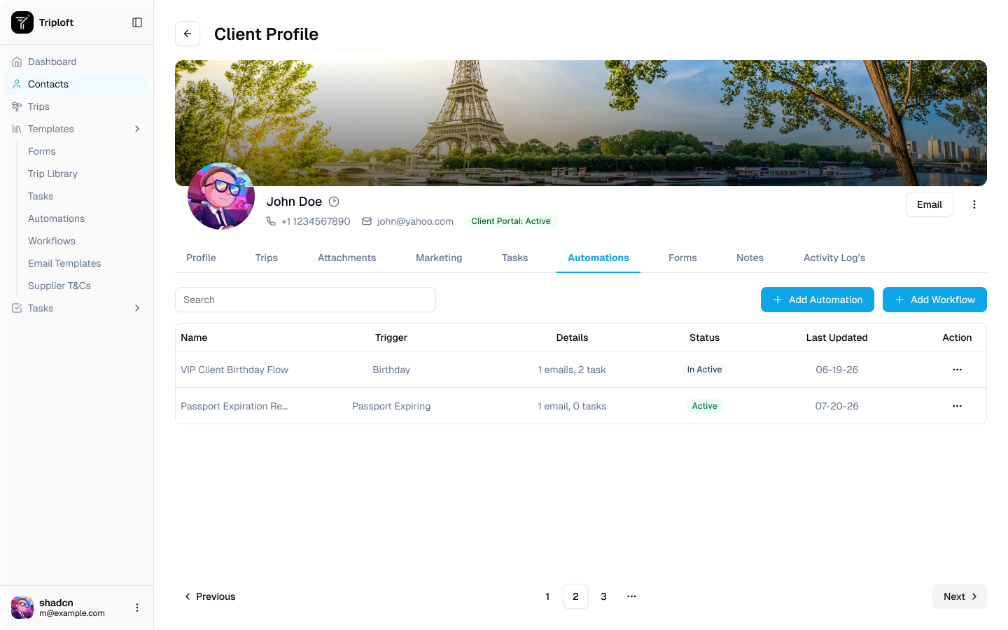 Automations linked to a client profile in TripLoft