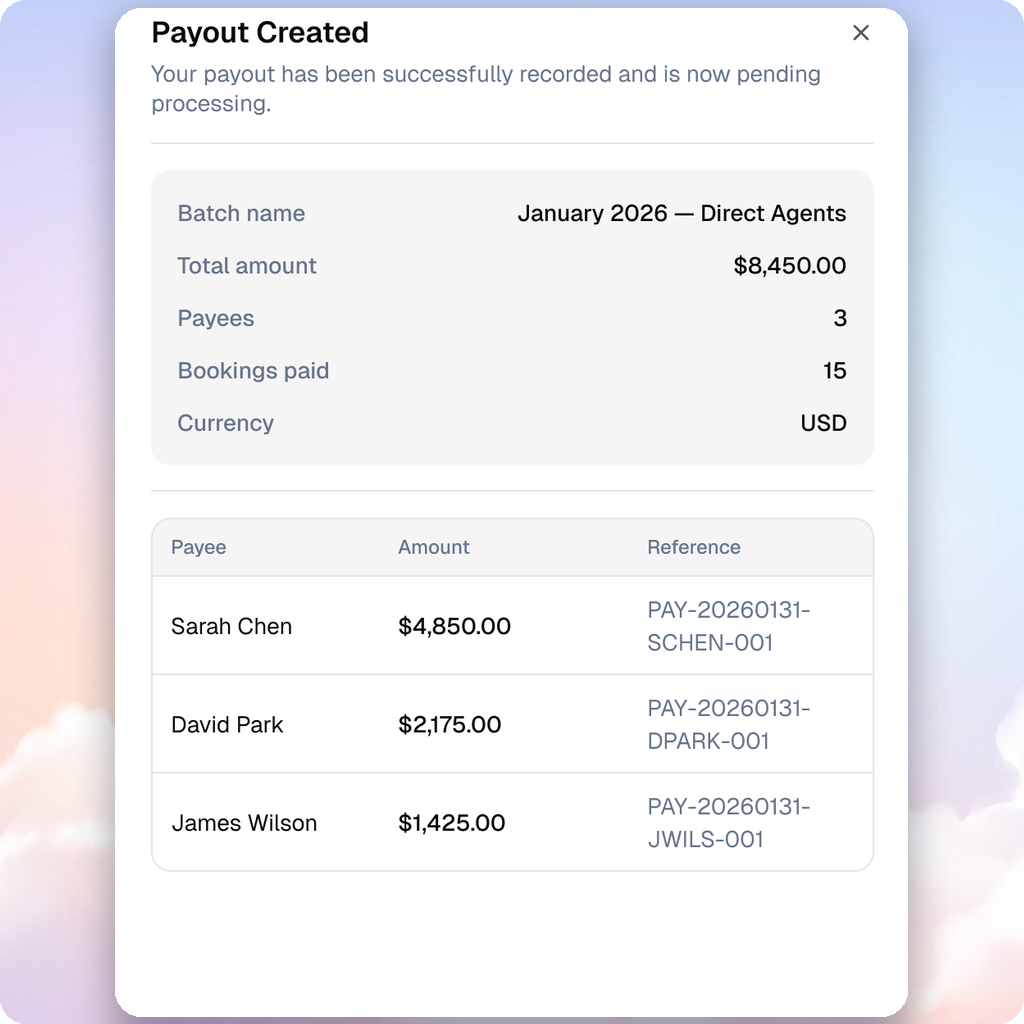 A shareable payee payout statement in TripLoft