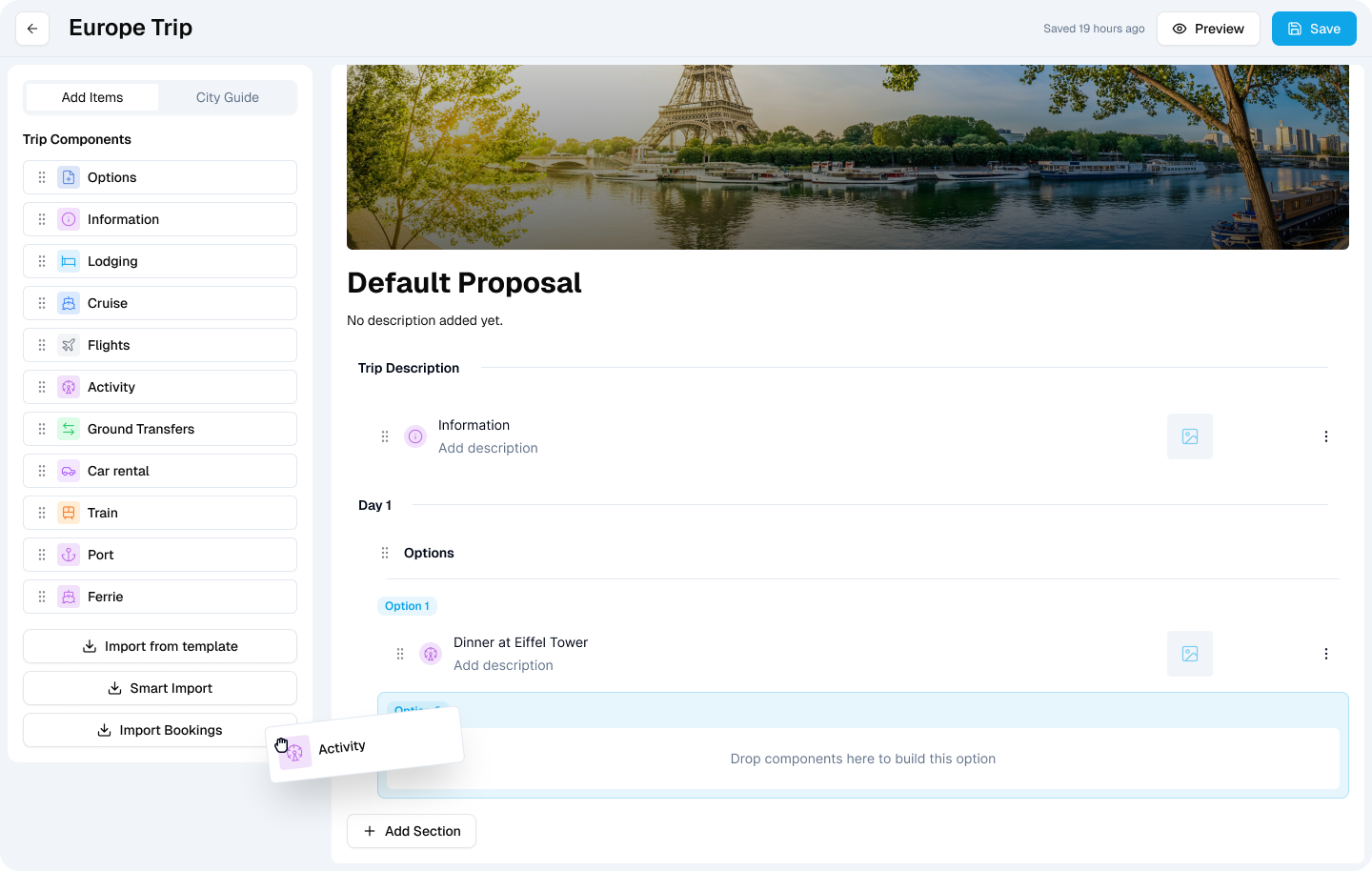 Building a custom FIT proposal day by day in TripLoft