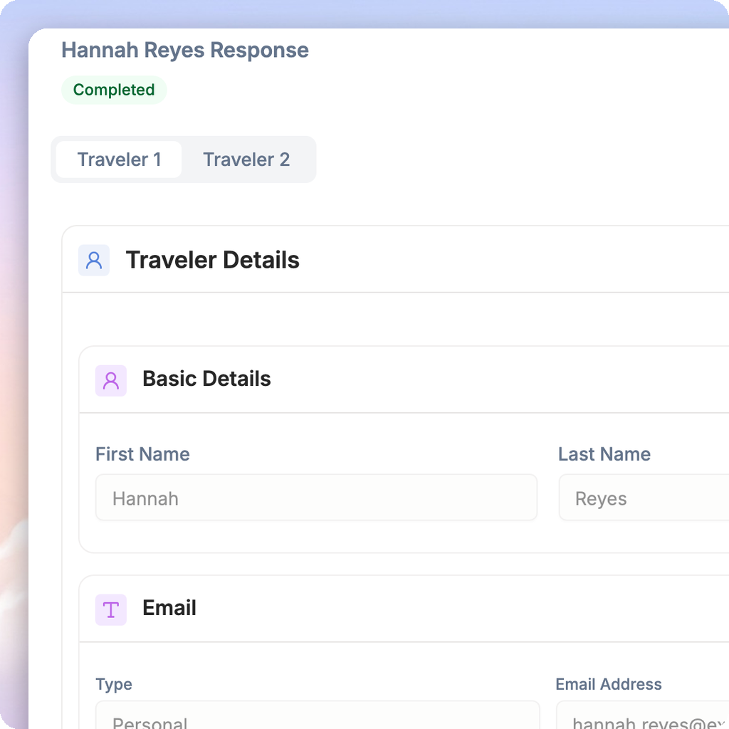 A form submission creating a client, a trip, and a signed agreement in TripLoft
