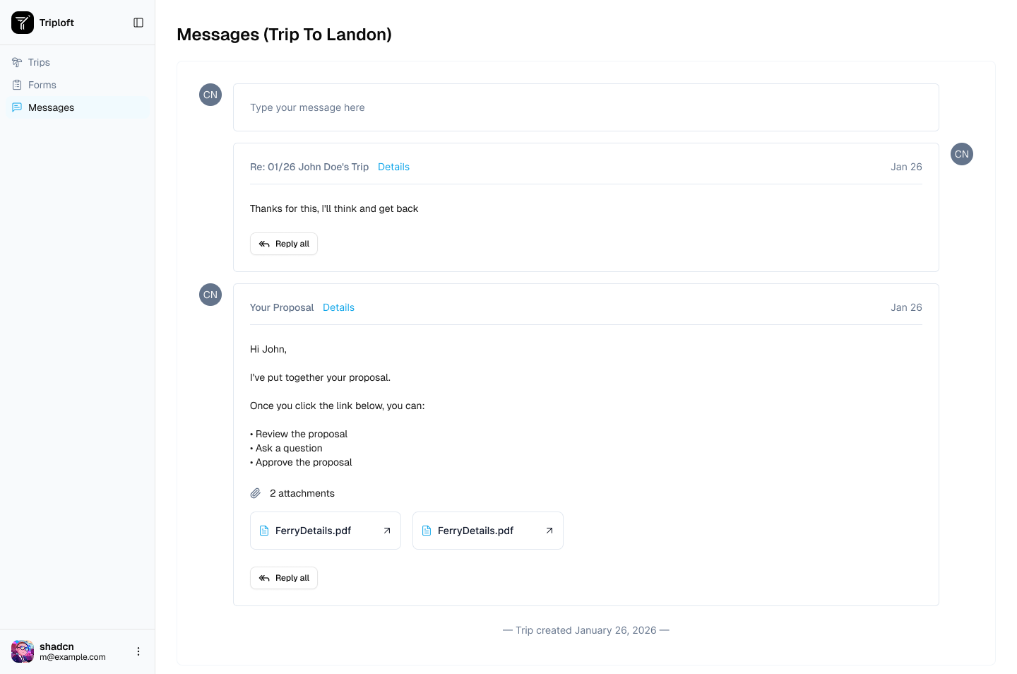 TripLoft in-app client message inbox