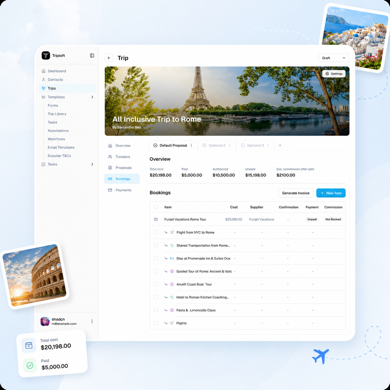 Client proposal with bookings and invoicing