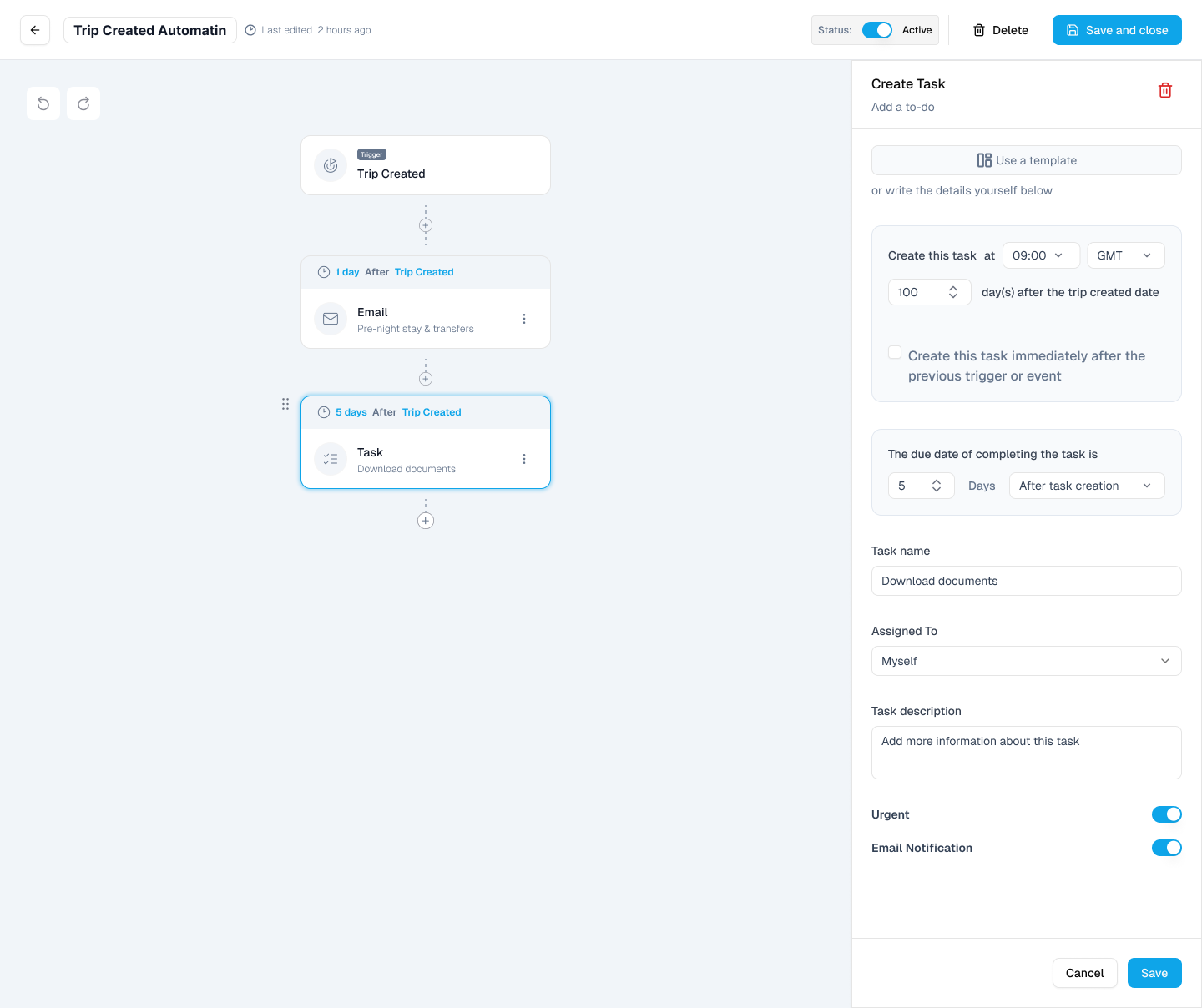 An automation that creates lead follow-up tasks in TripLoft