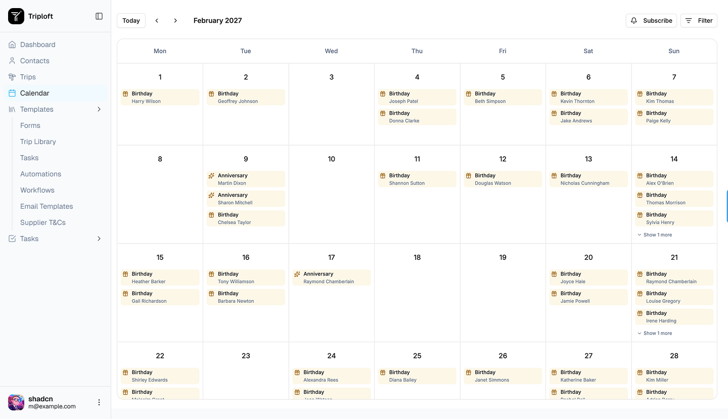 TripLoft calendar with client milestones and reminders
