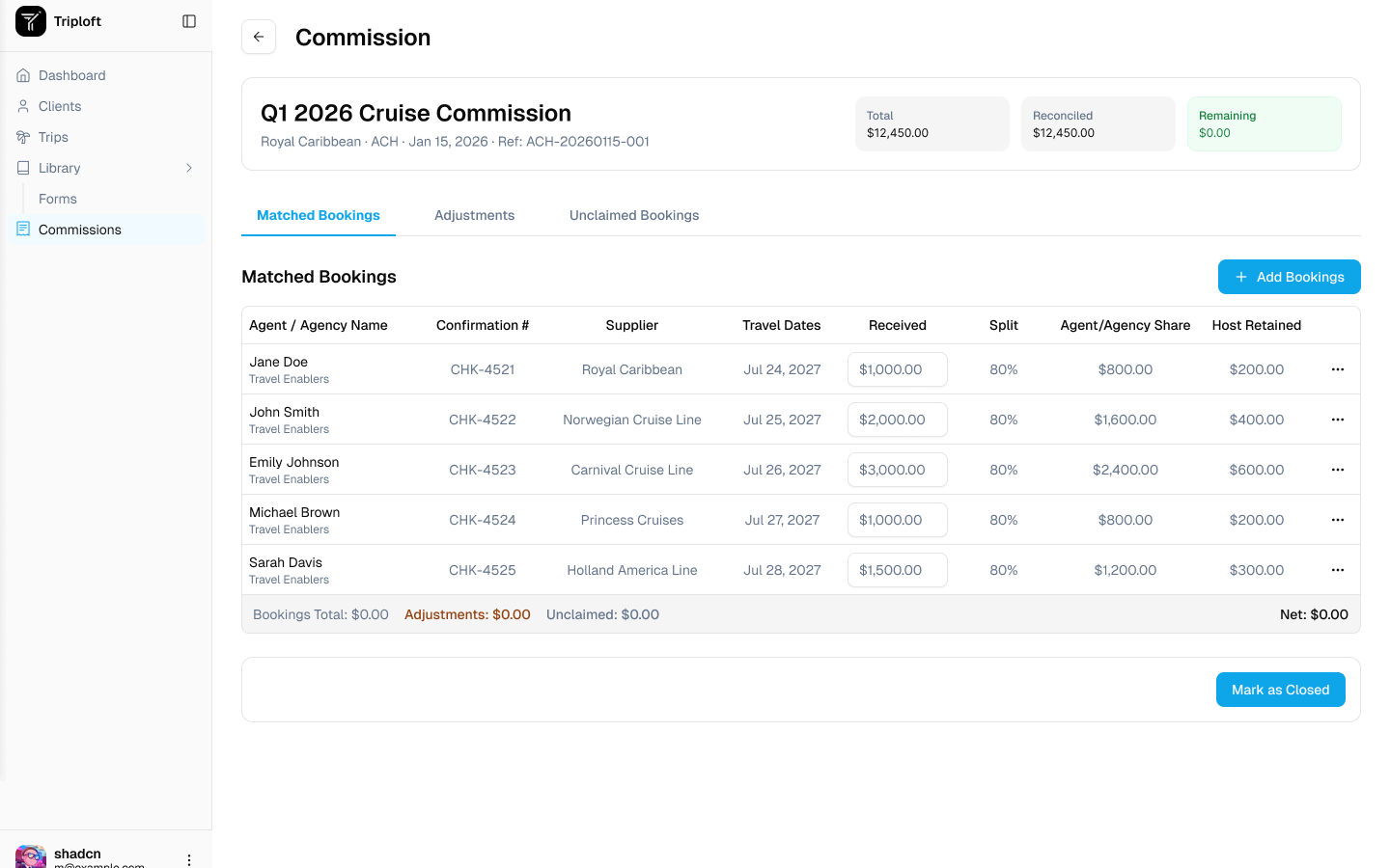A supplier statement matched to bookings in TripLoft