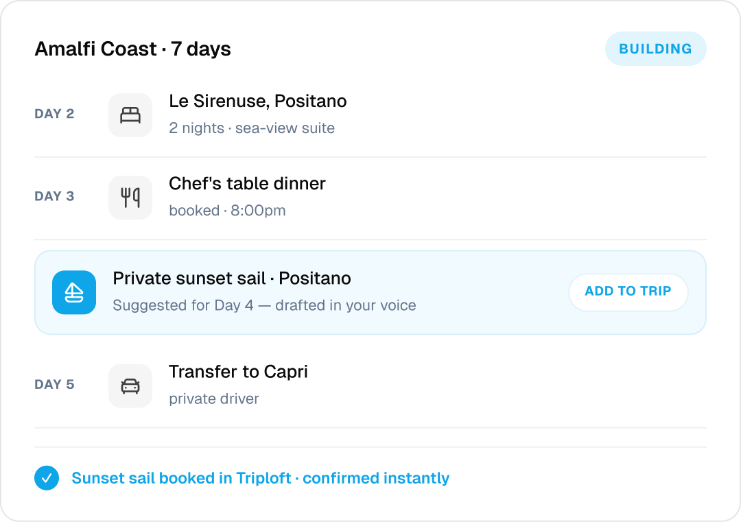 A supplier experience suggested inline in an advisor itinerary