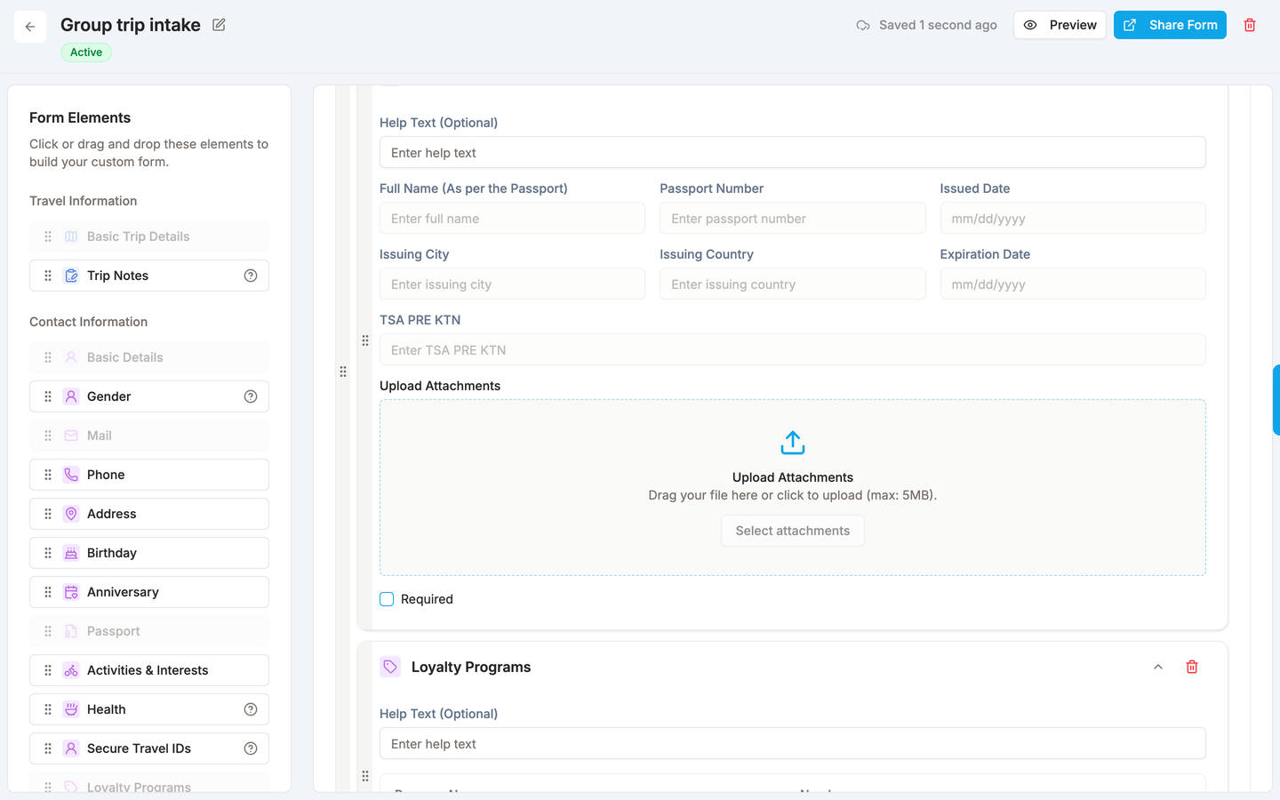 The TripLoft form builder field library, with travel-specific fields