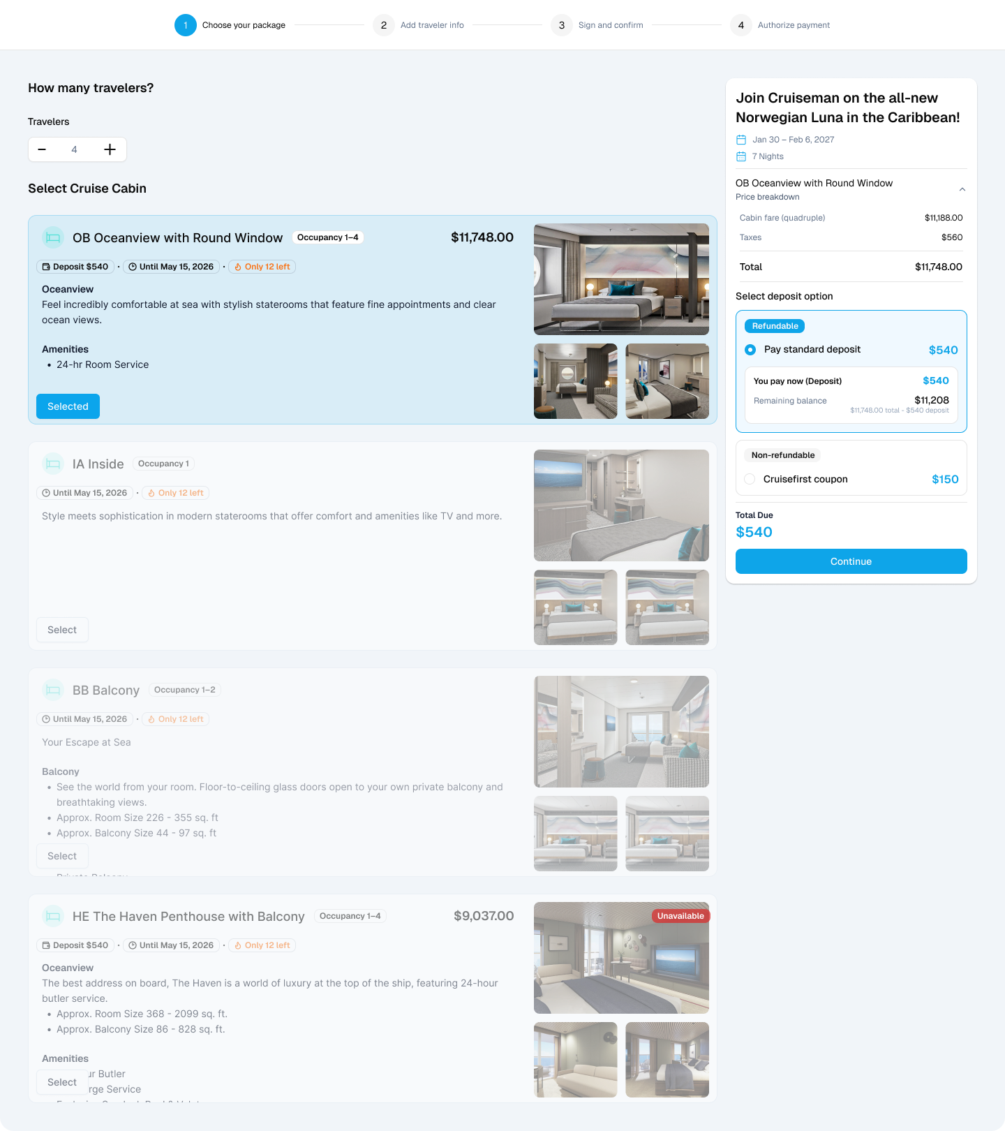 A traveler choosing a cabin during group sign-up in TripLoft